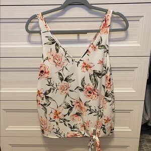Floral Tie-Hem V-Neck Tank Top - White with Pink Floral